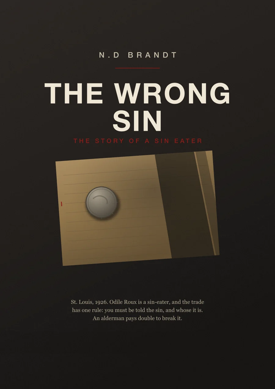 The cover of The Wrong Sin by N.D. Brandt: a ledger page with a single coin on it, under the words The Story of a Sin Eater.