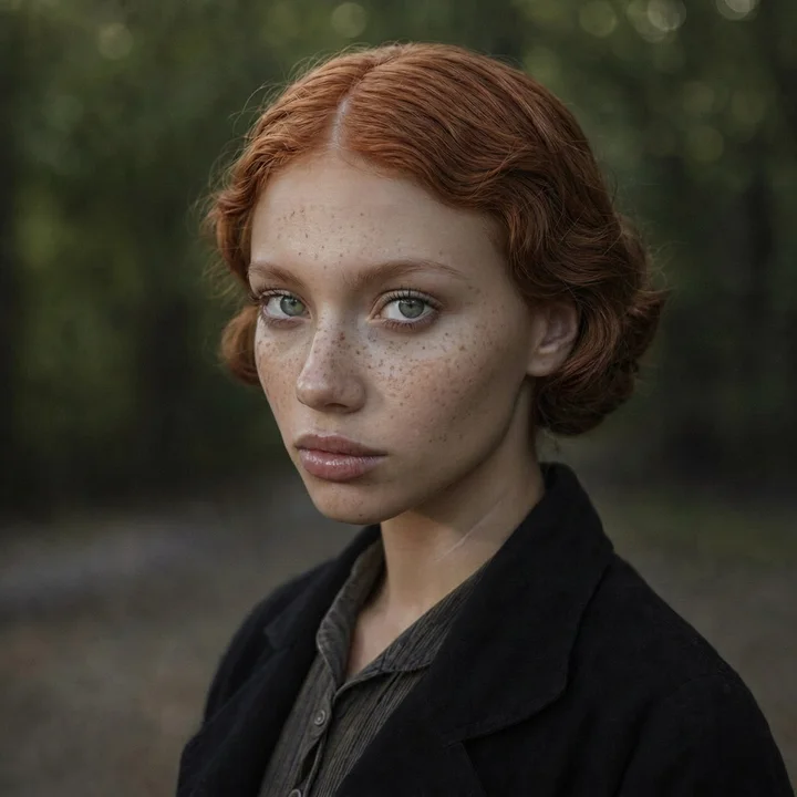 A portrait of a young woman with auburn hair, freckles and green eyes, in a dark coat.